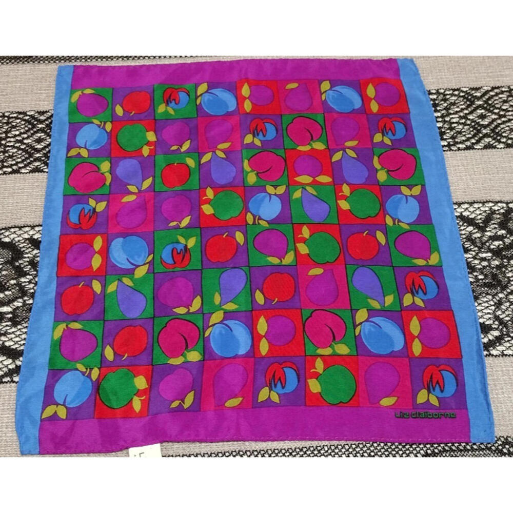 Vintage Silk Hankie Fruits Plums Fuchsia Red Multicolor Rare Size Liz Claiborne